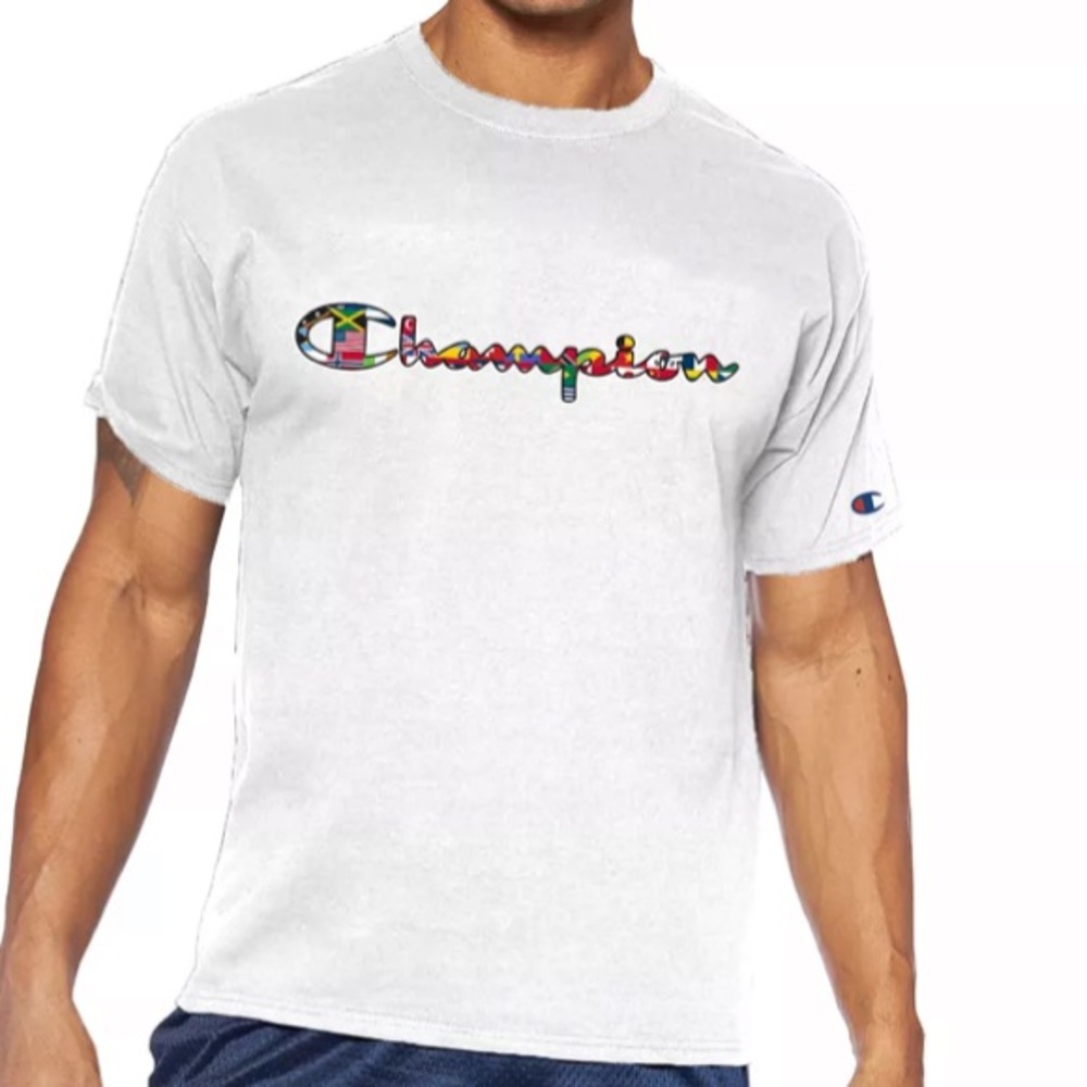 Champion Script Logo T-Shirt White Multicolor Flags Graphic Tee|XL| NWT